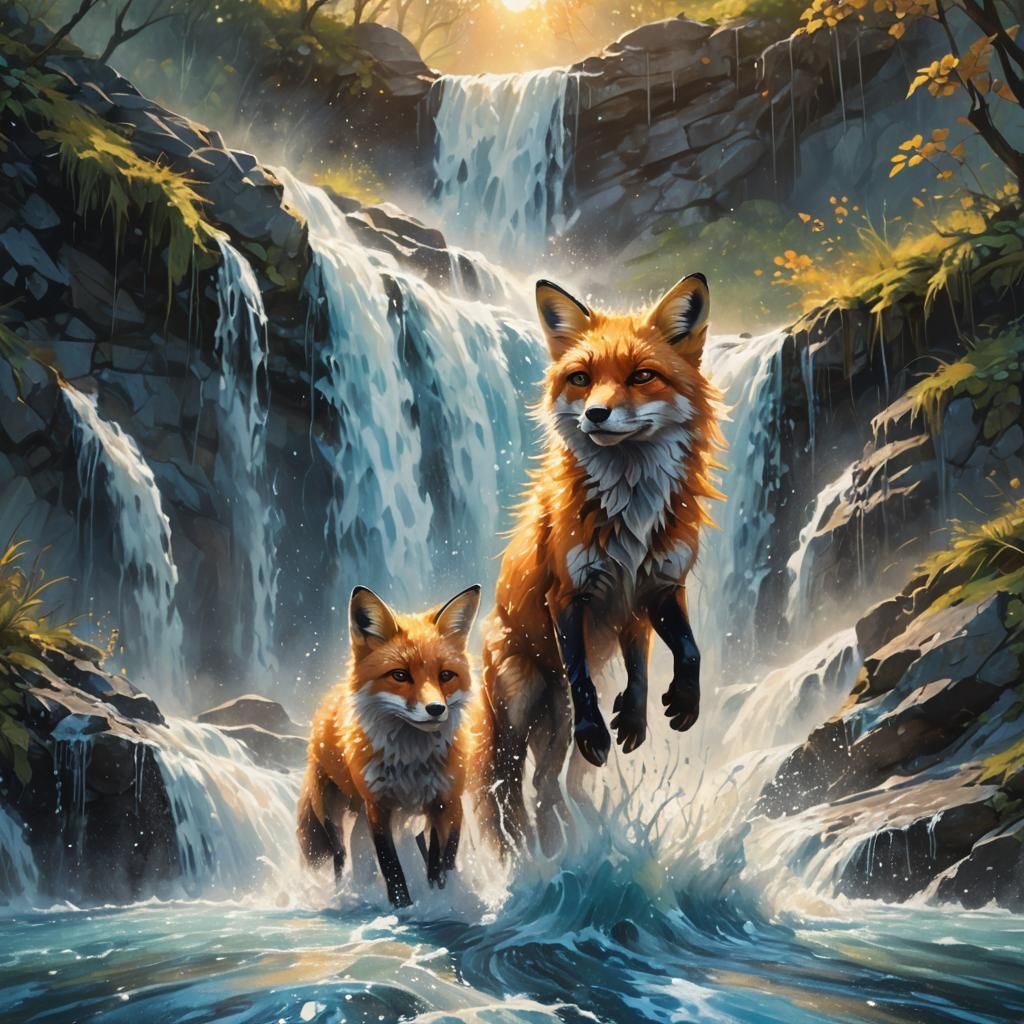 Fox Splashing in Waterfall: Vibrant Oil Painting