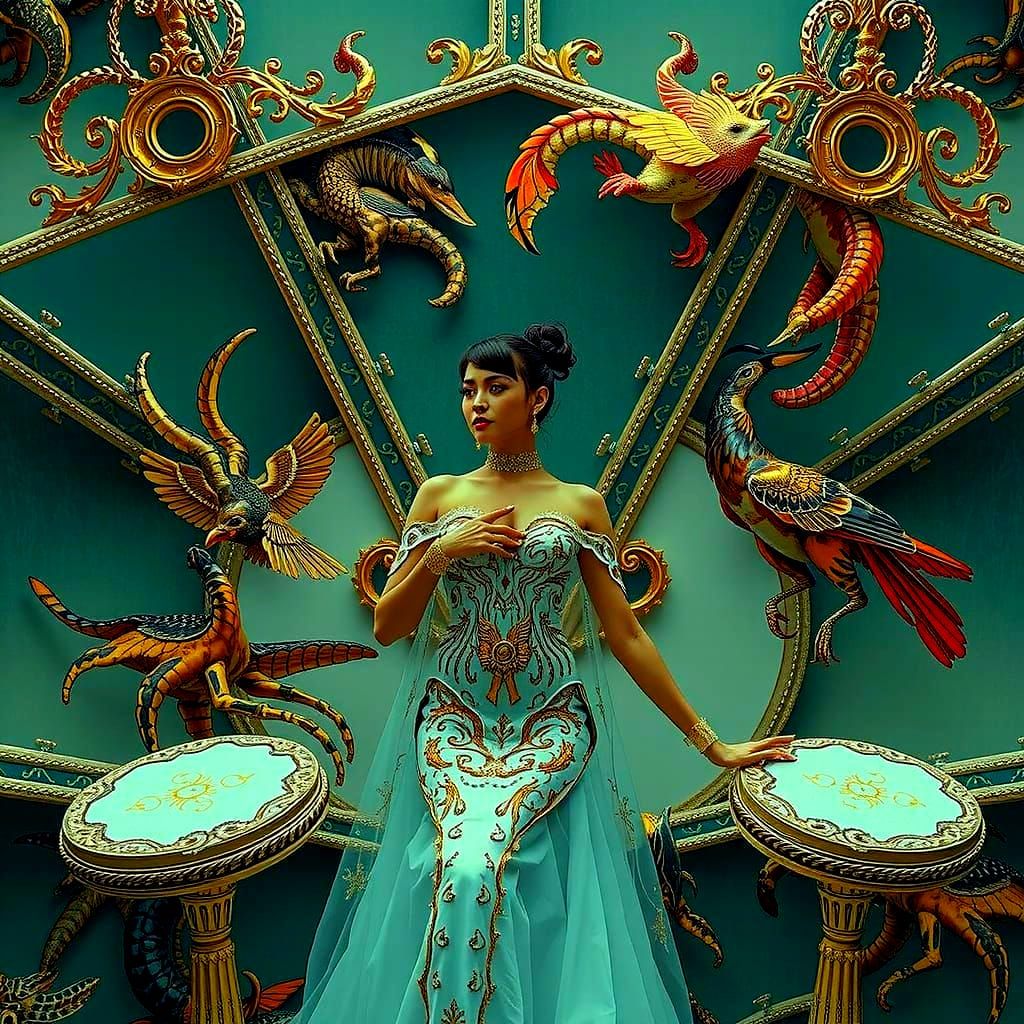 Dreamlike Woman Posing in Surreal 3D Psychedelic Scene