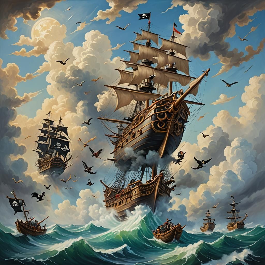 Animal Pirates Aboard Ship in the Clouds