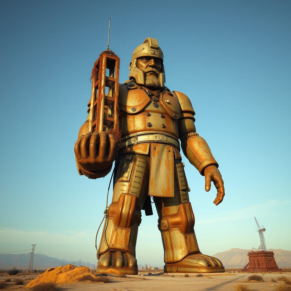 Brutalist Statue Holds a City Tower in its Hand Against a Dy...