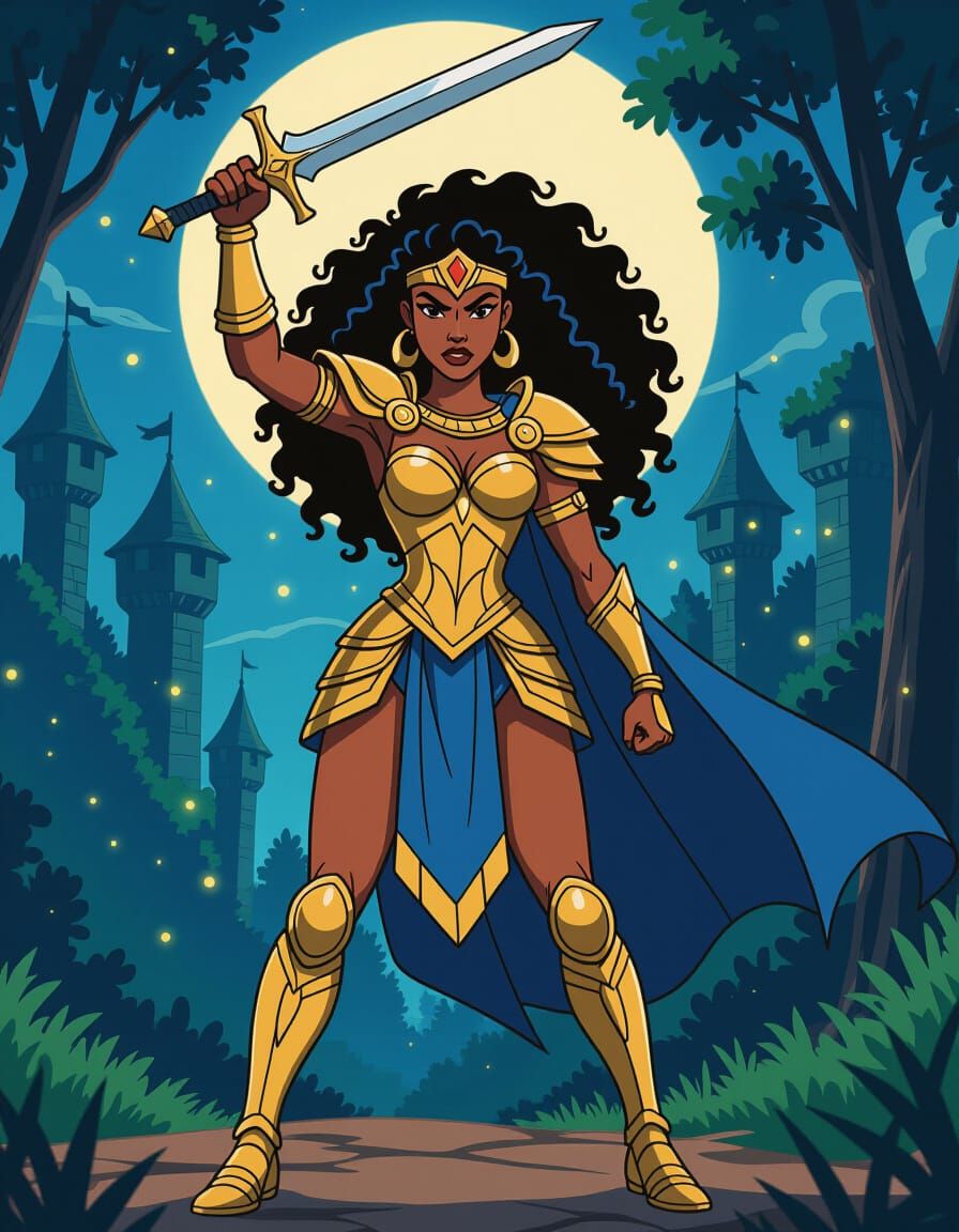 Black Woman Warrior in 80s Cartoon Style