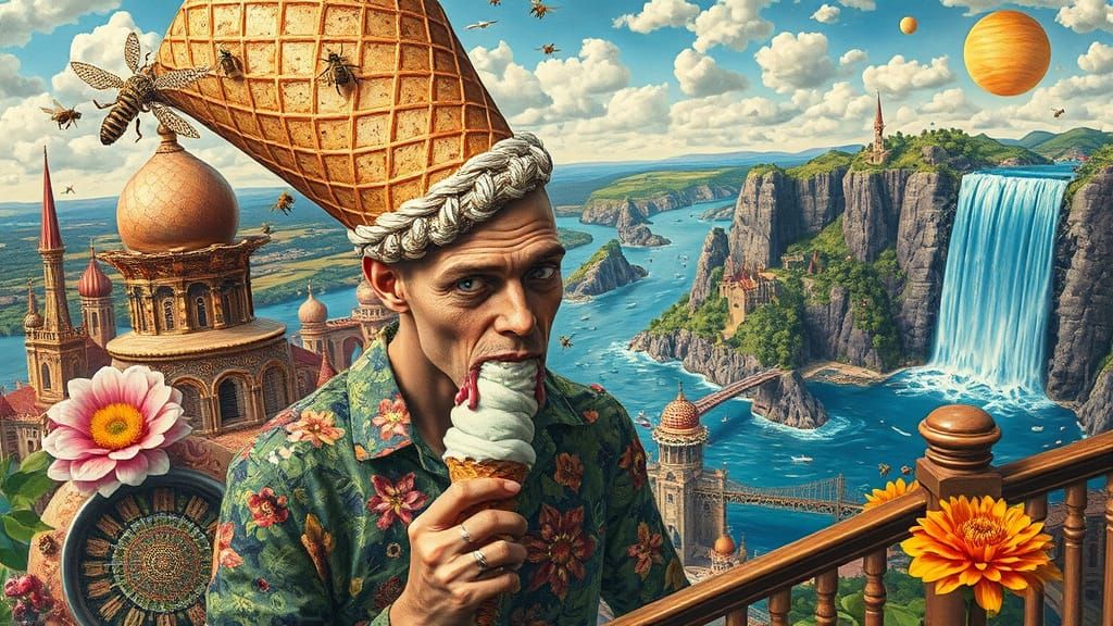 Floating Water City Utopia in Hieronymus Bosch Style