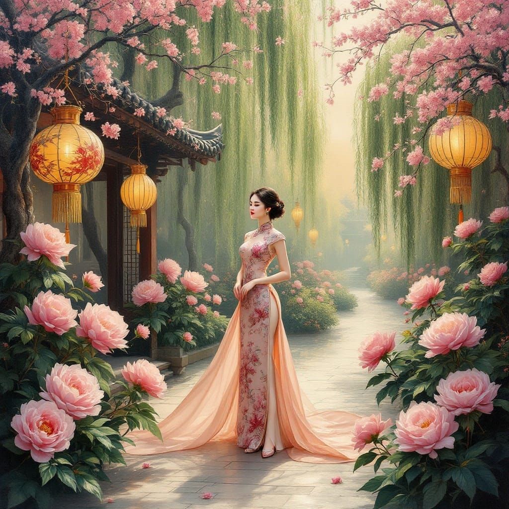 Serene Chinese Garden Scene in Impasto Oil Painting