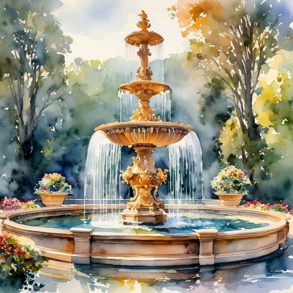 Eternal Elegance Fountain in Digital Watercolor Style