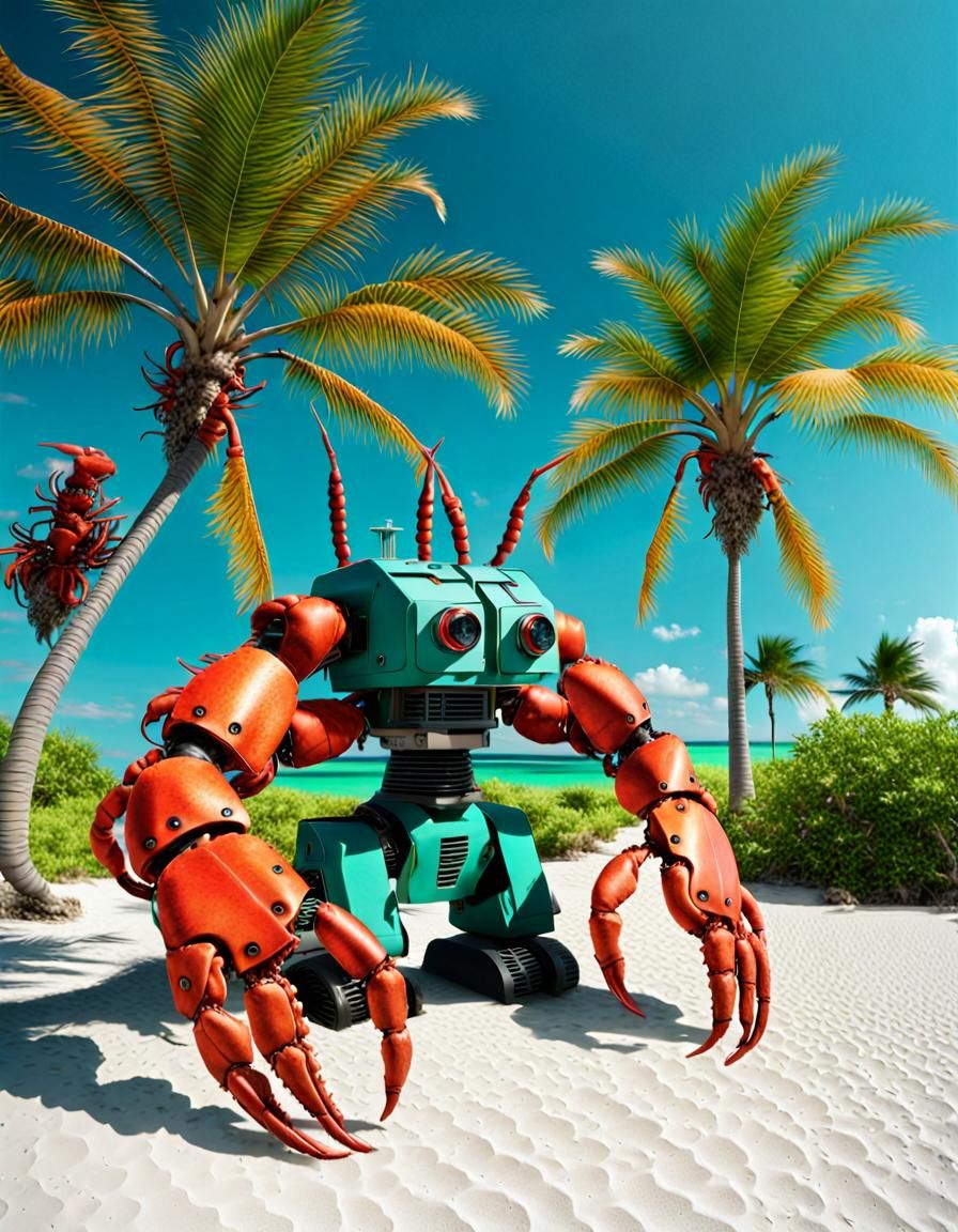 Robot Lobster Under Palm Trees in Tropical Colors