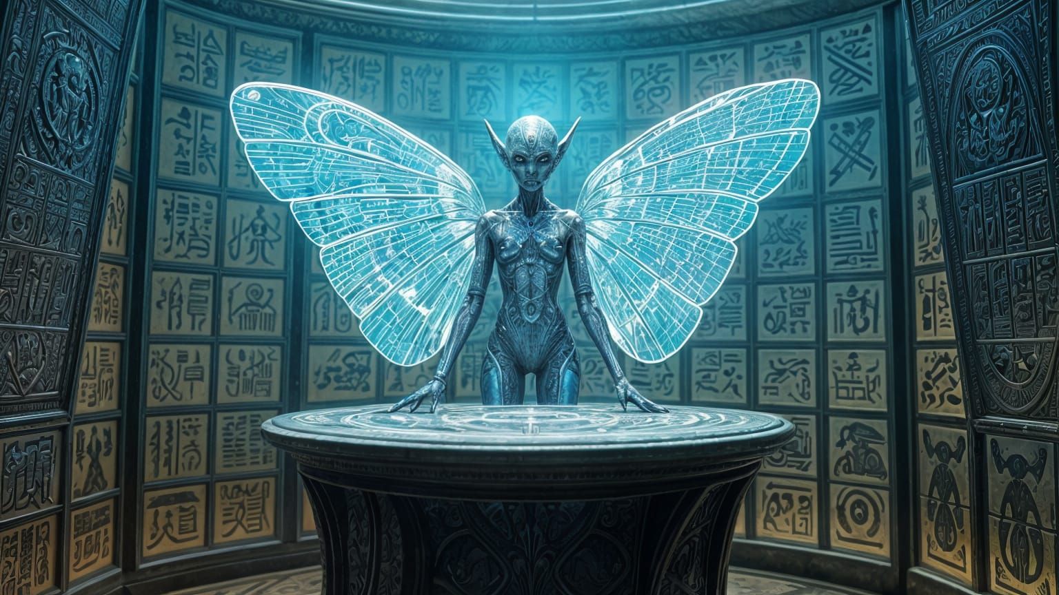 Crystaline Alien in Antiquated Study Setting
