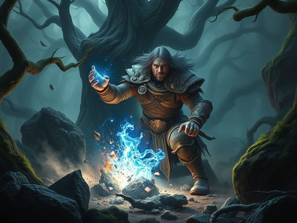 Warrior Unleashes Blue Energy in Misty Forest