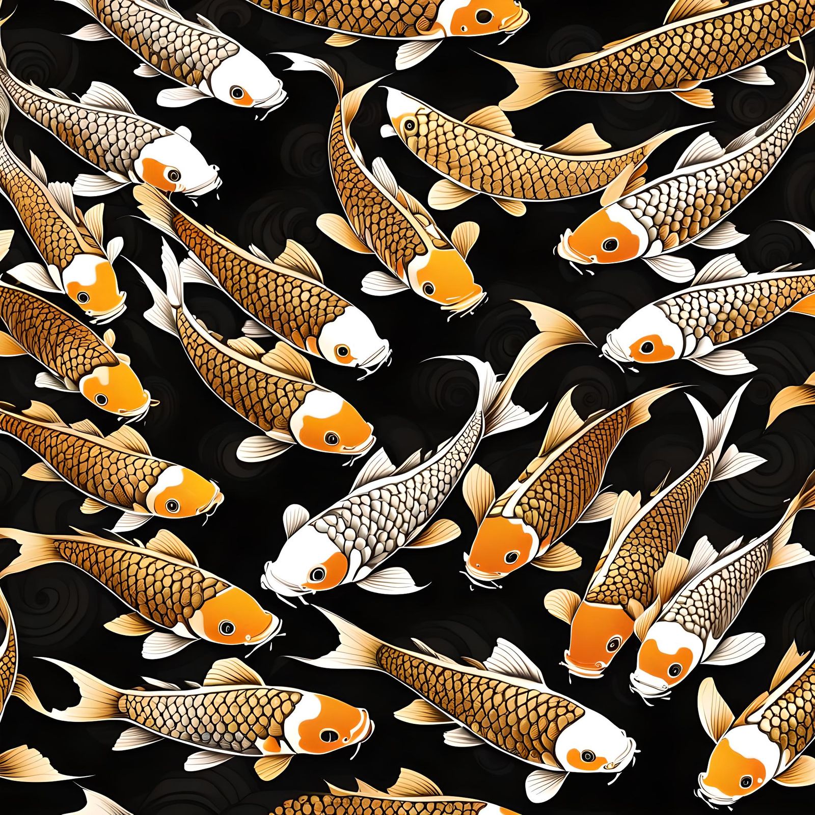 Gold Koi Fish on Black Background in Fractal Art Style