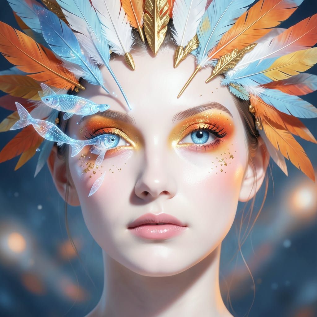 Ethereal Woman Portrait with Electric Blue Eyes and Feather ...