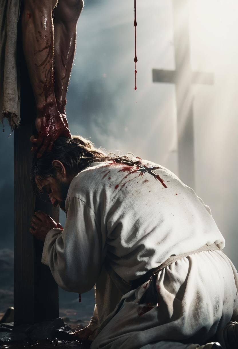 Man Kneeling at Jesus' Feet: Cinematic Sparkle