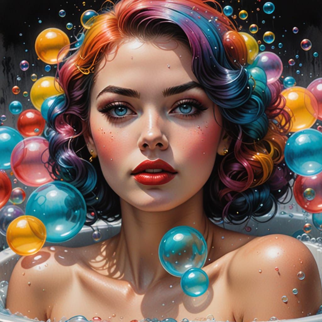 Pinup Woman in Bubble Bath, Hyperrealistic Illustration
