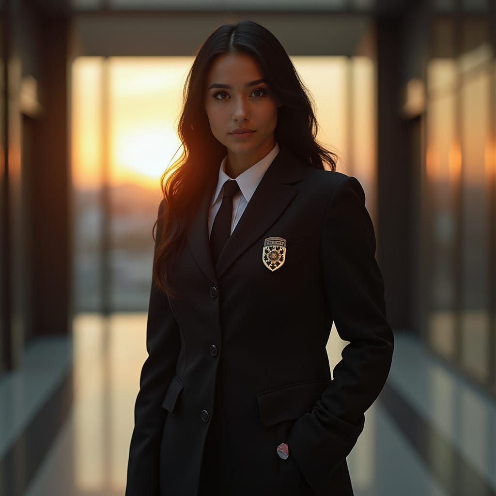 Security Guard in Building Lobby at Dusk