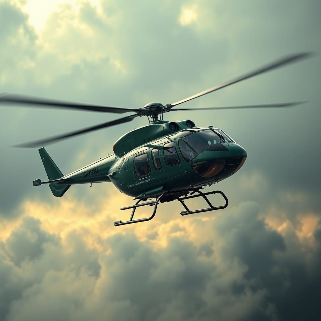 Sleek Metallic Green Helicopter in Atmospheric HDR