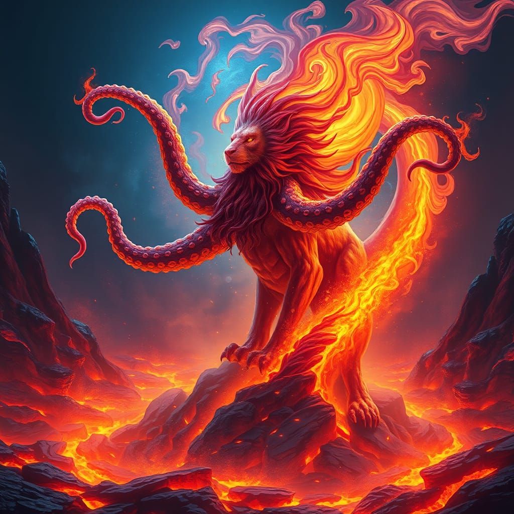Lion Octopus Hybrid Emerges From Lava: Matte Painting