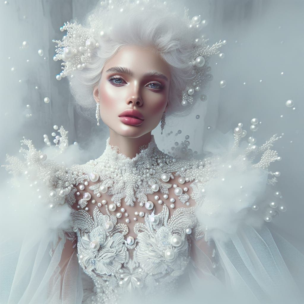 Elegant Woman in Haute Couture with Pearl Embroidery and Oce...