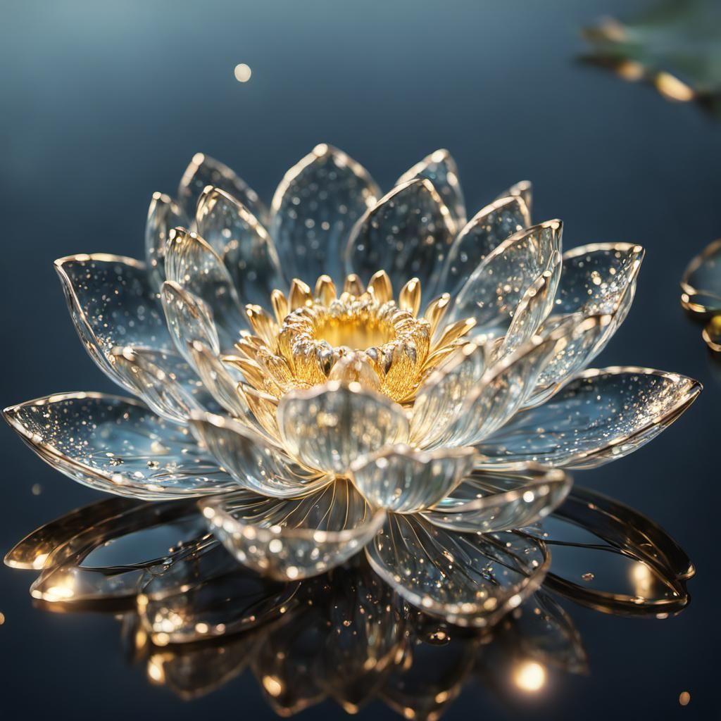 Glass Lotus Flower with Golden Filigree in Hyperrealistic St...
