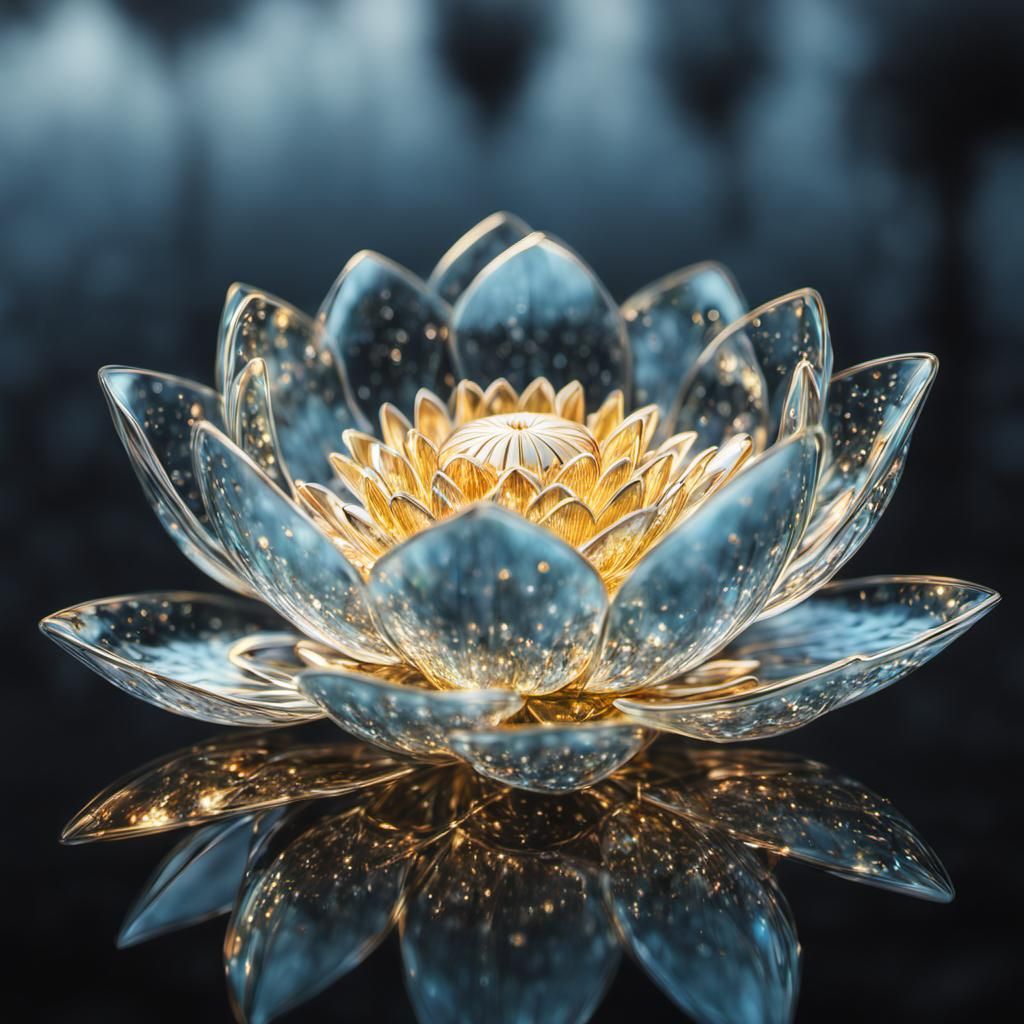 Glass Lotus Flower with Golden Filigree in Hyperrealism
