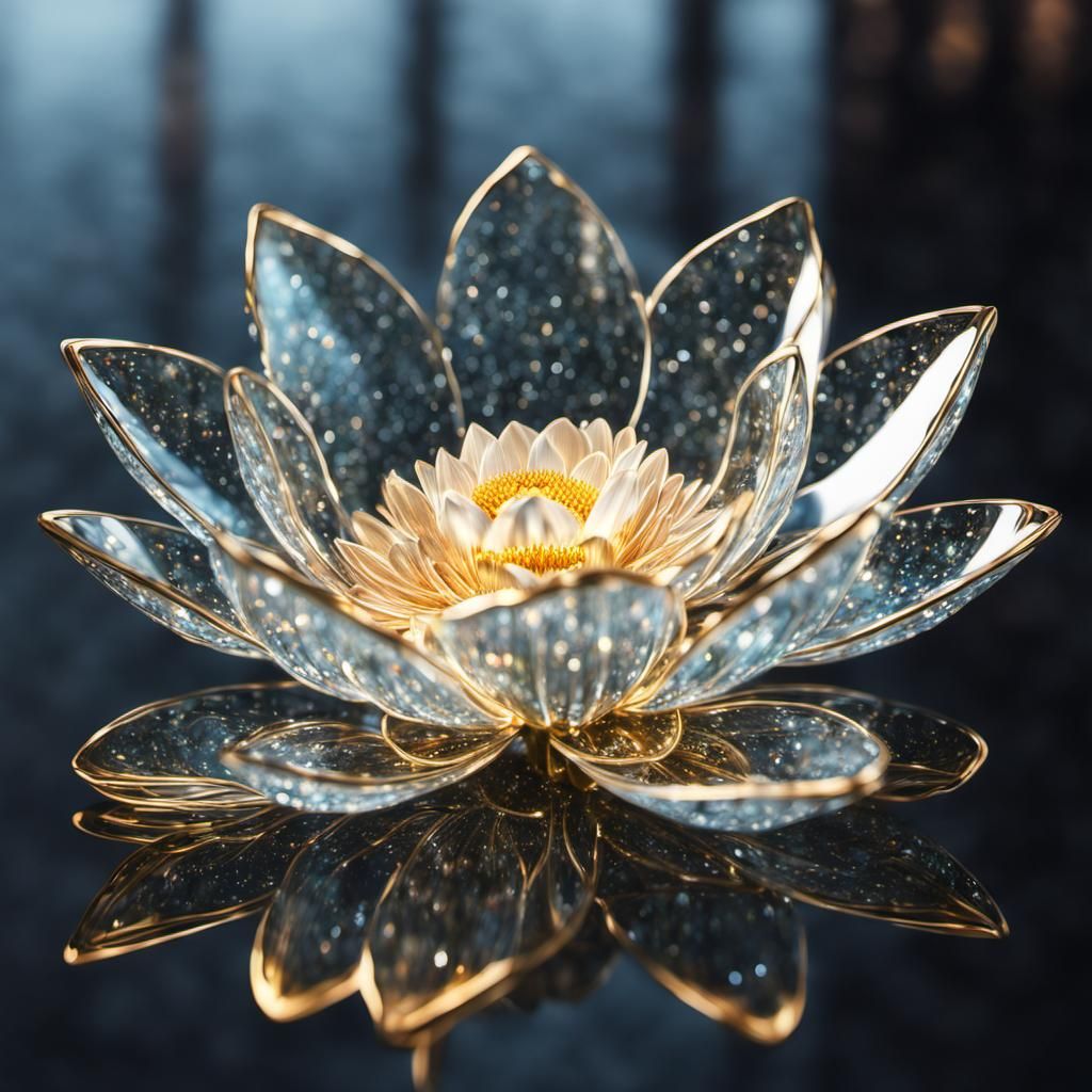 Shimmering Glass Lotus Flower with Golden Filigree