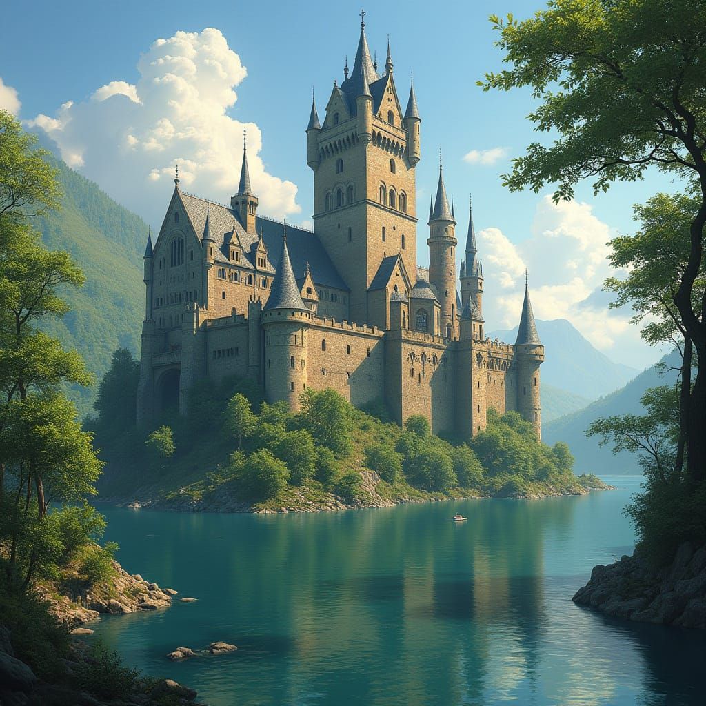 Majestic Medieval Castle Reflected in Serene Lake