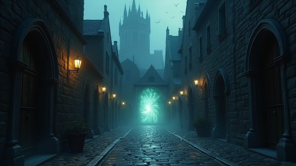 Ethereal Twilight Medieval Street with Magic Portal