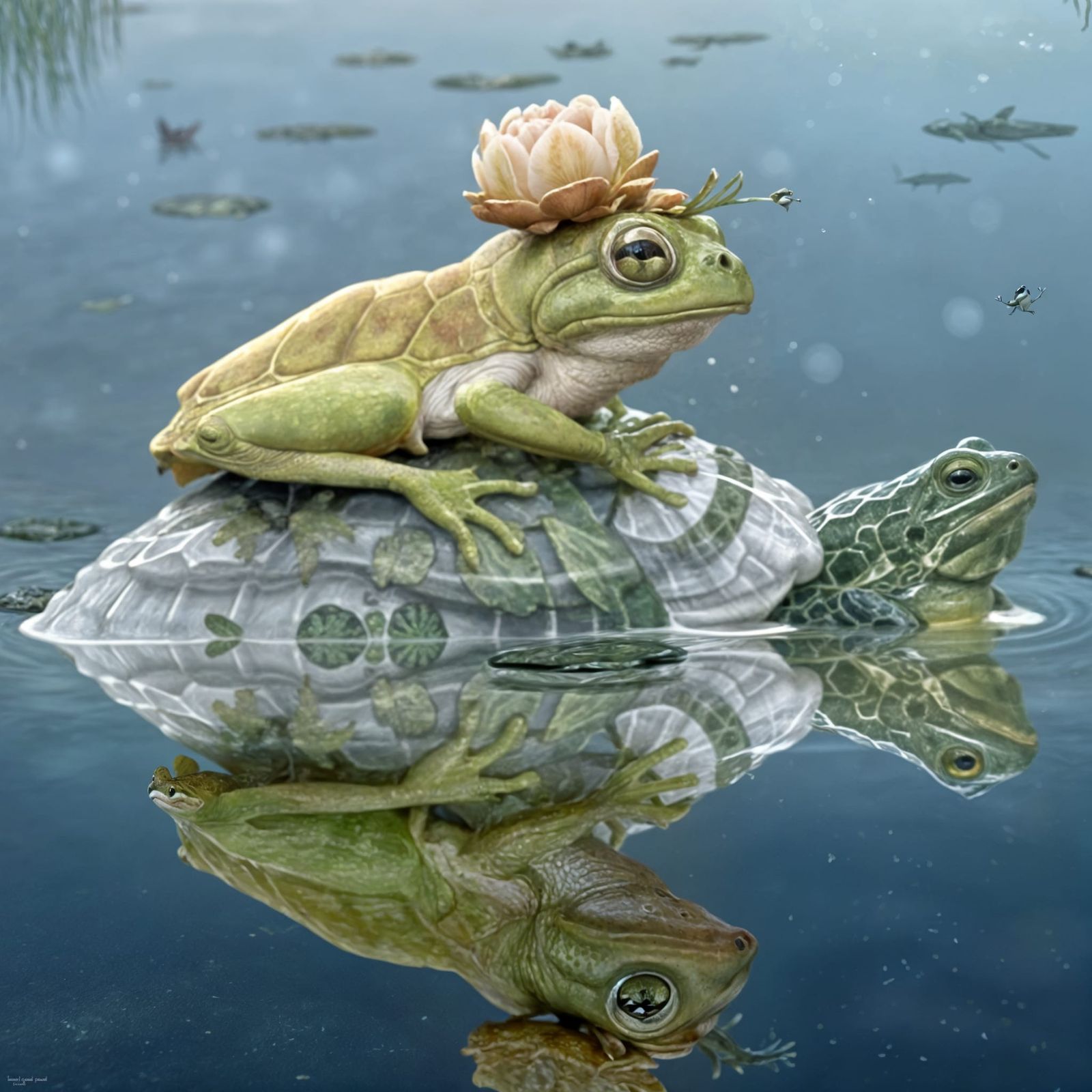 Surreal Scene of Tortoise and Frog in a Verdant Aquatic Sett...