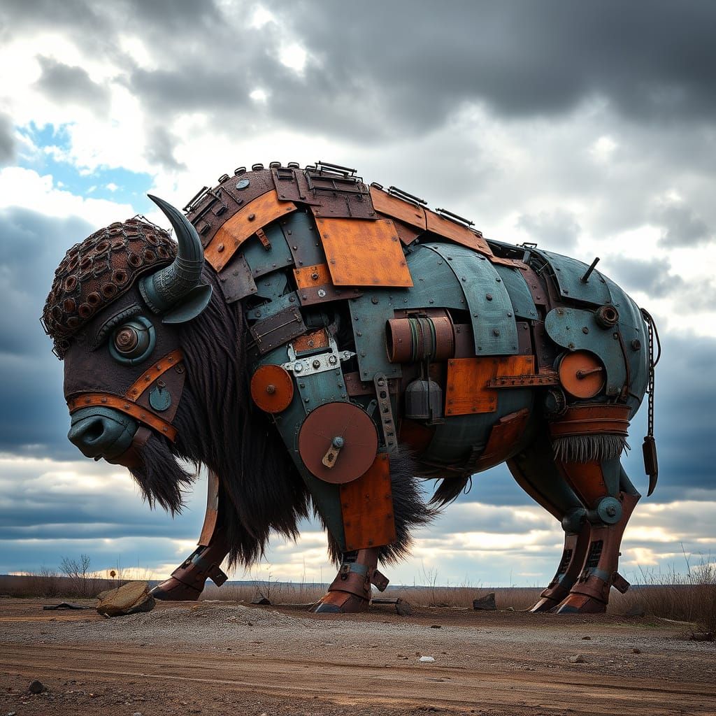 Bison Sculpture Crafted from Scrap Metal