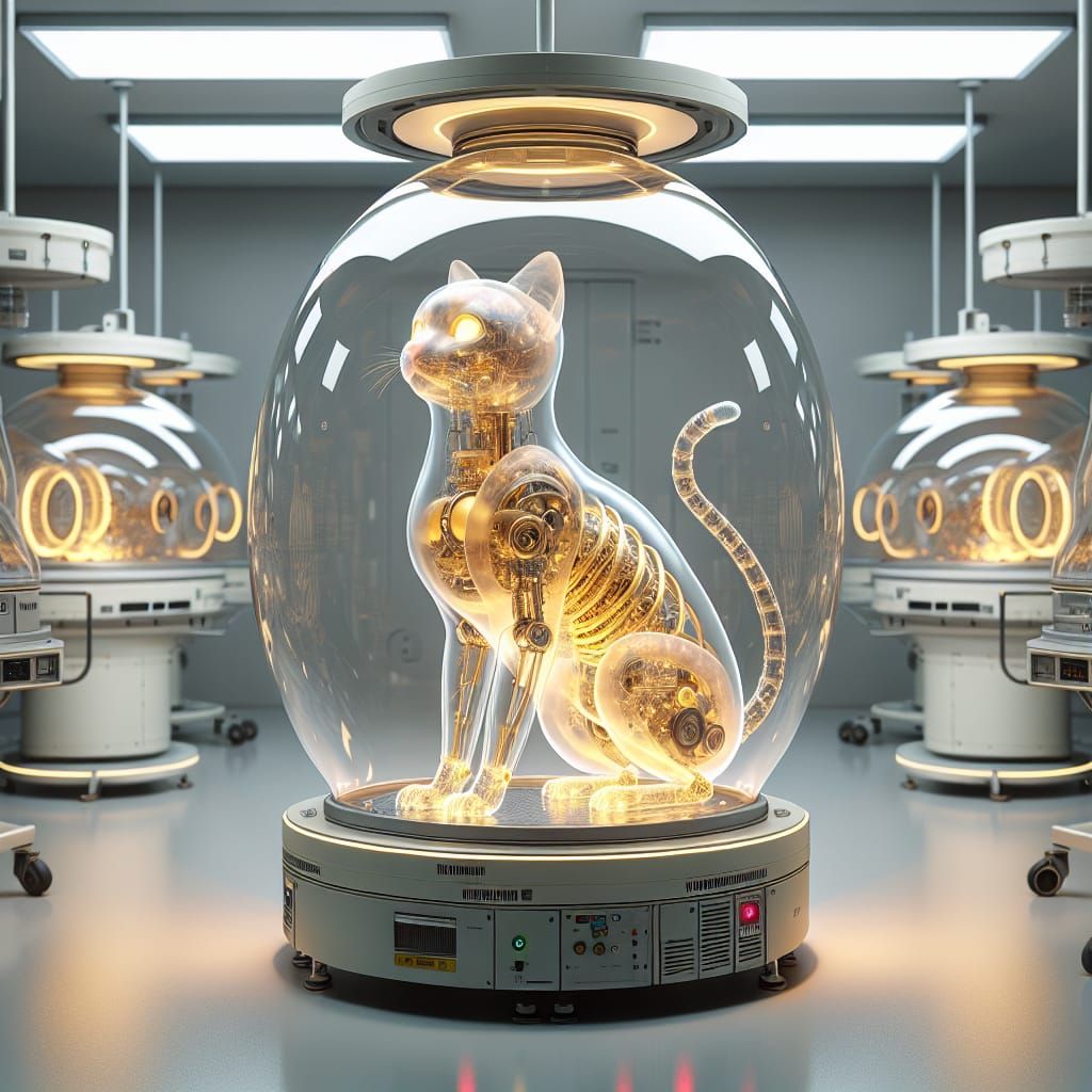 Robotic Cat Encased in Transparent Shell