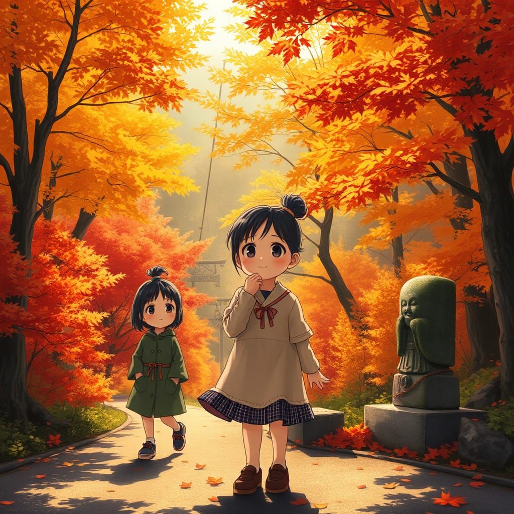 Autumn Girl in Japanese Countryside: Anime Style