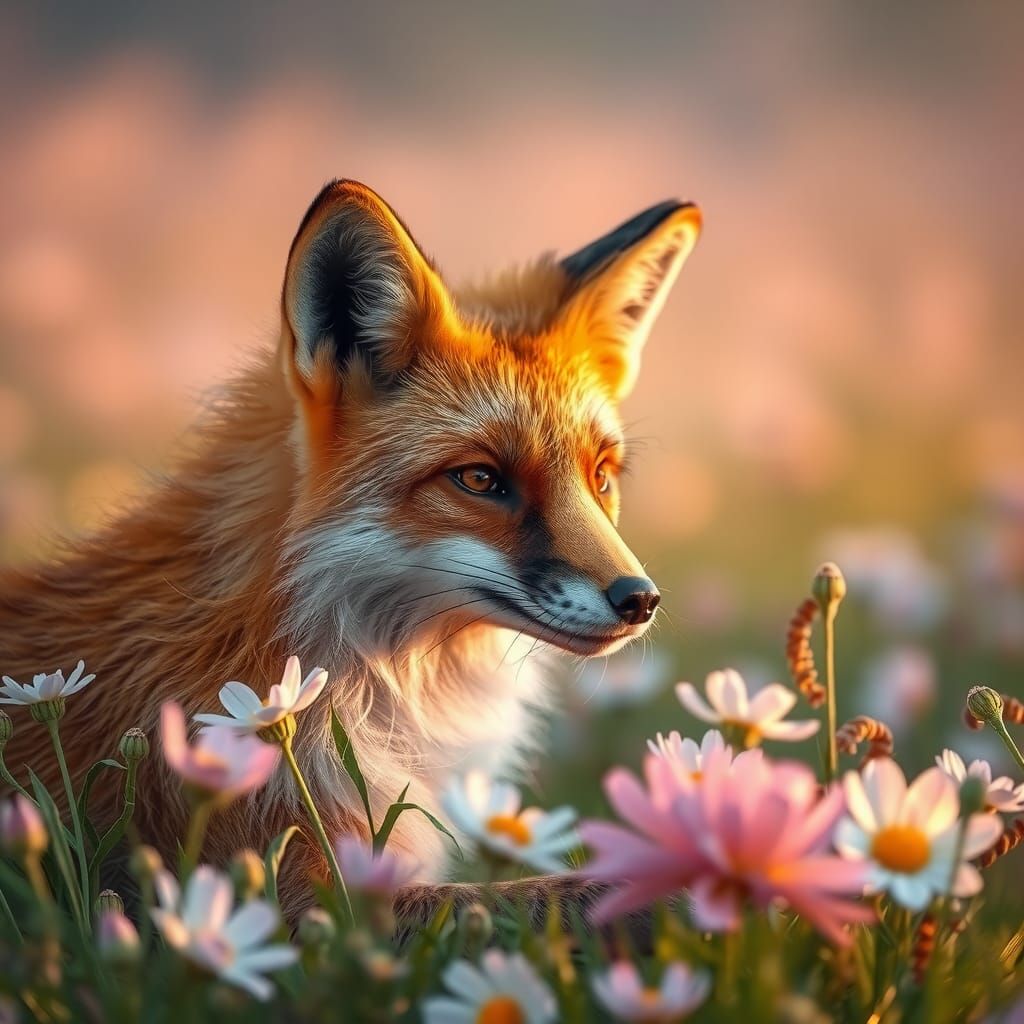 Photorealistic Fox in Early Morning Pastel Flowers