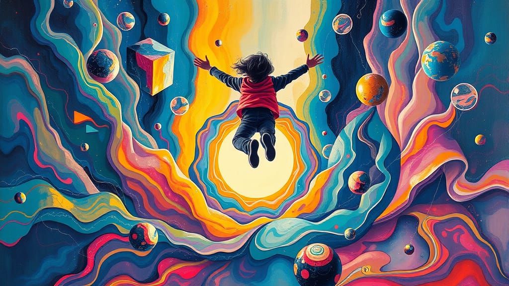 Surreal Time Traveler in Polychromatic Dreamscape