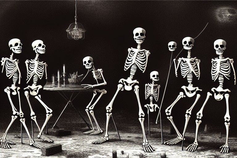 Skeletal Musicians in the Style of Wood Engraving