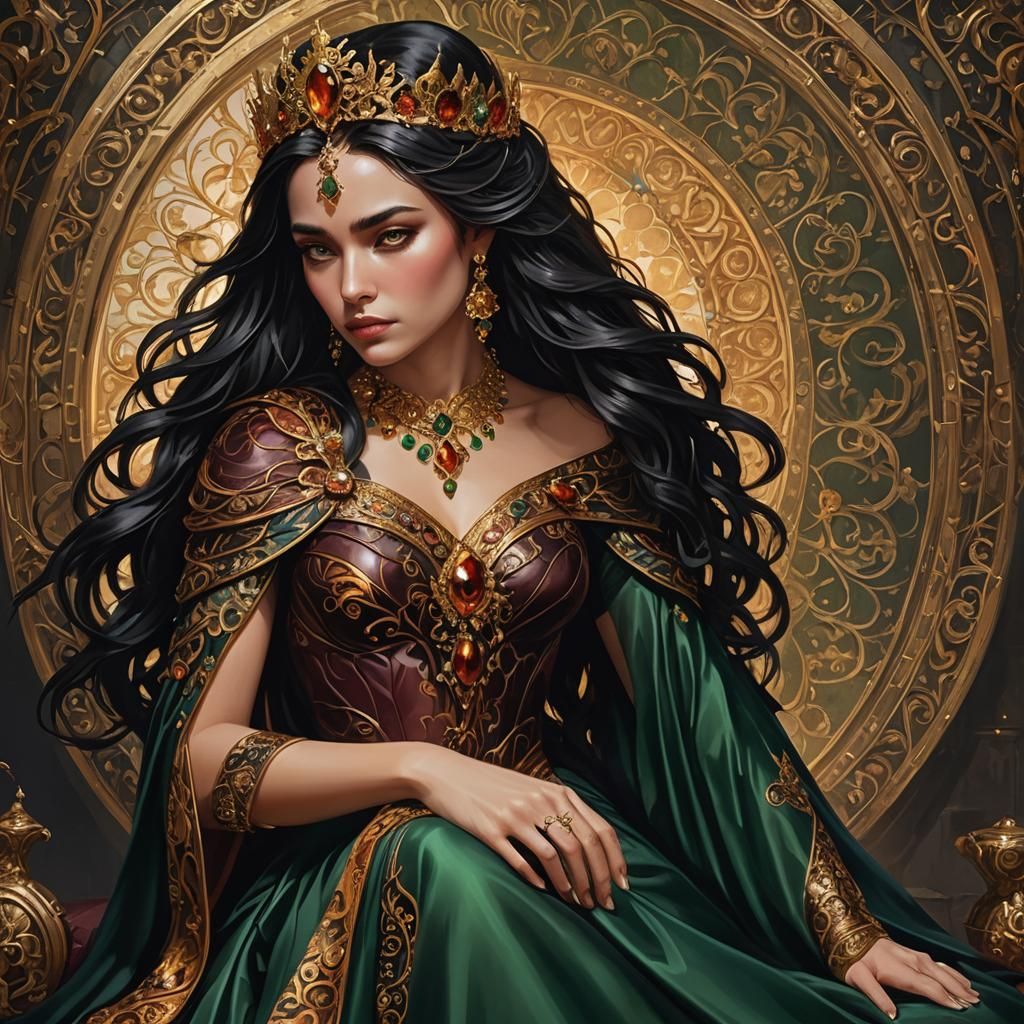 Stately Queen in Amber Gown, Photorealistic Portrait