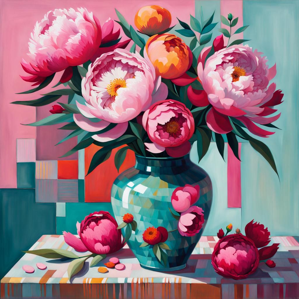 Peonies Bouquet Still Life: Vibrant Contemporary Art