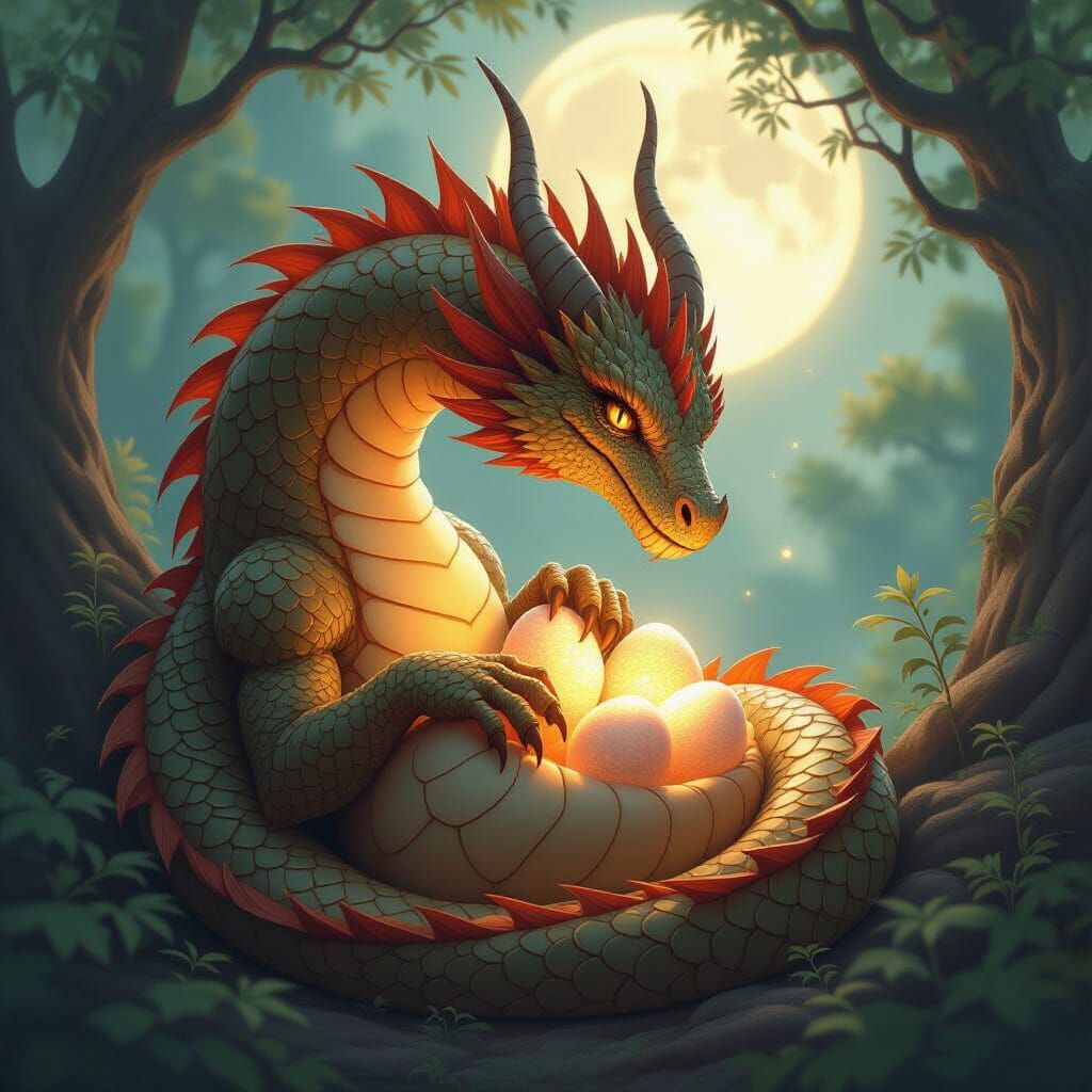 Protective Dragon with Glowing Eggs in Digital Art Style