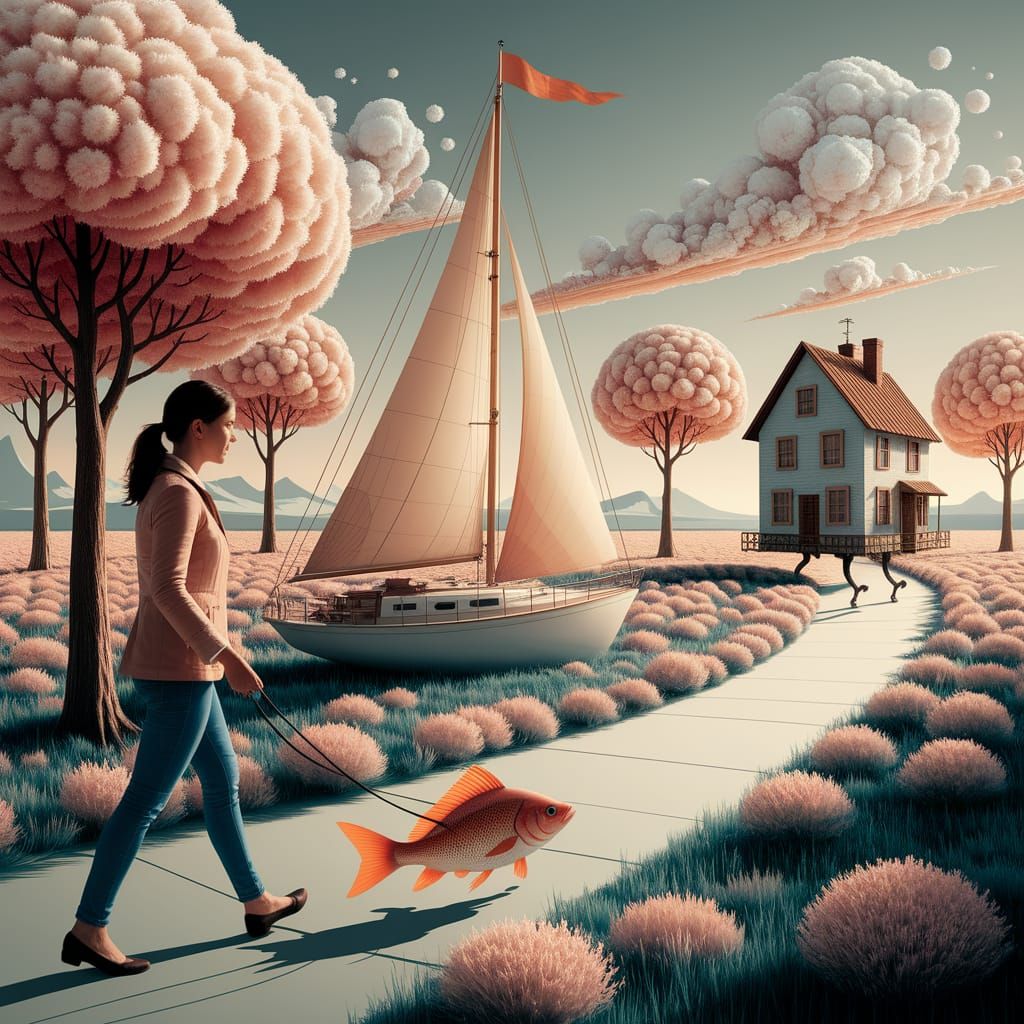 Woman Walks Fish in Surreal Landscape