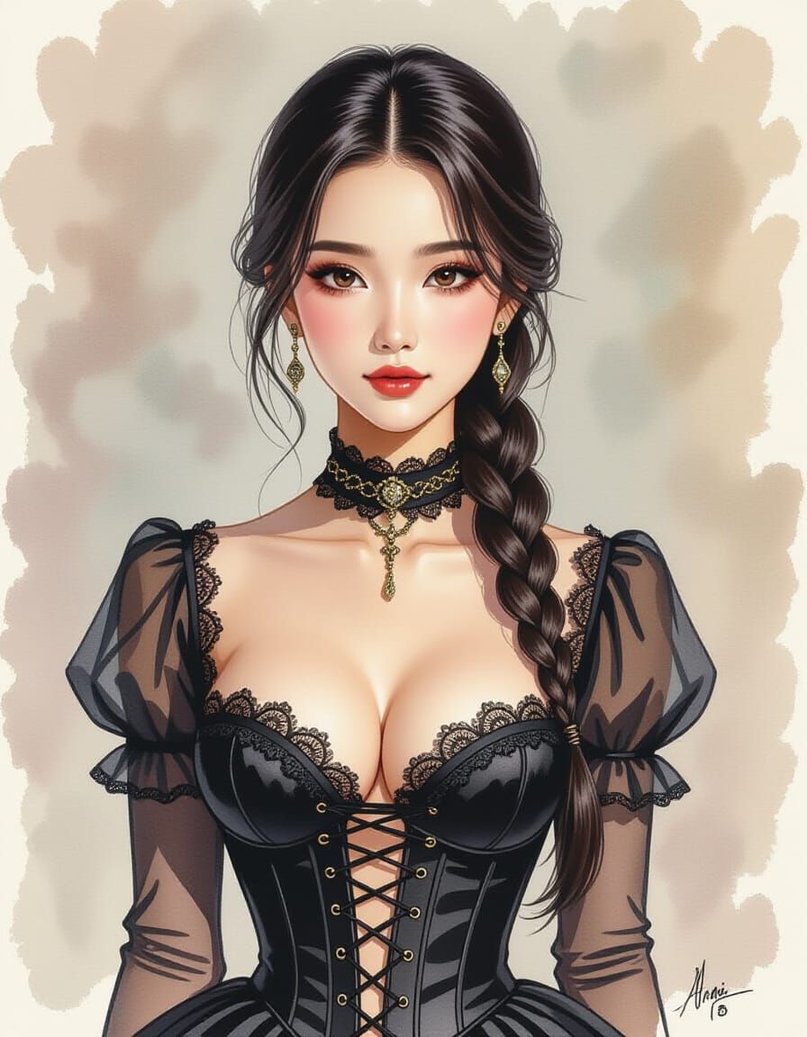 Indonesian Woman in Gothic Corset, Watercolour Sketch