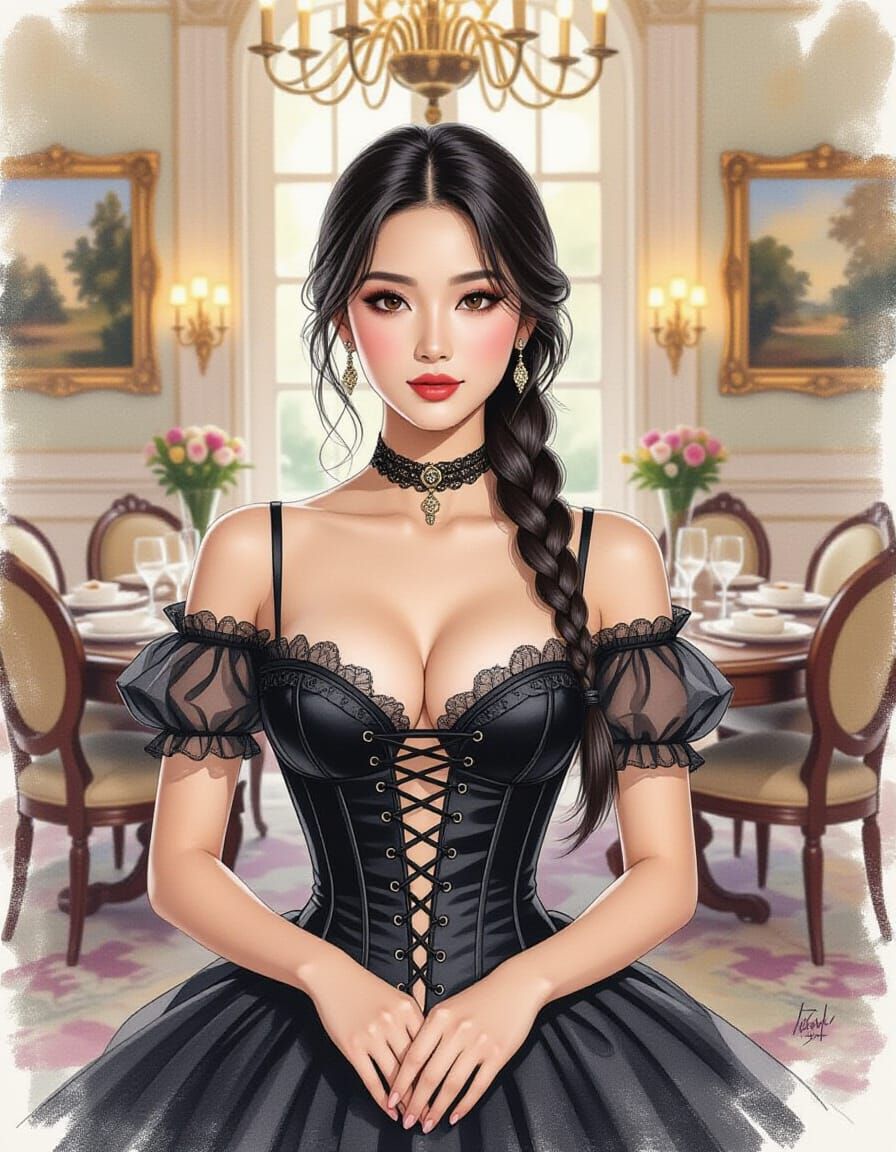 Indonesian Woman in Gothic Corset: Watercolour Pastel Sketch