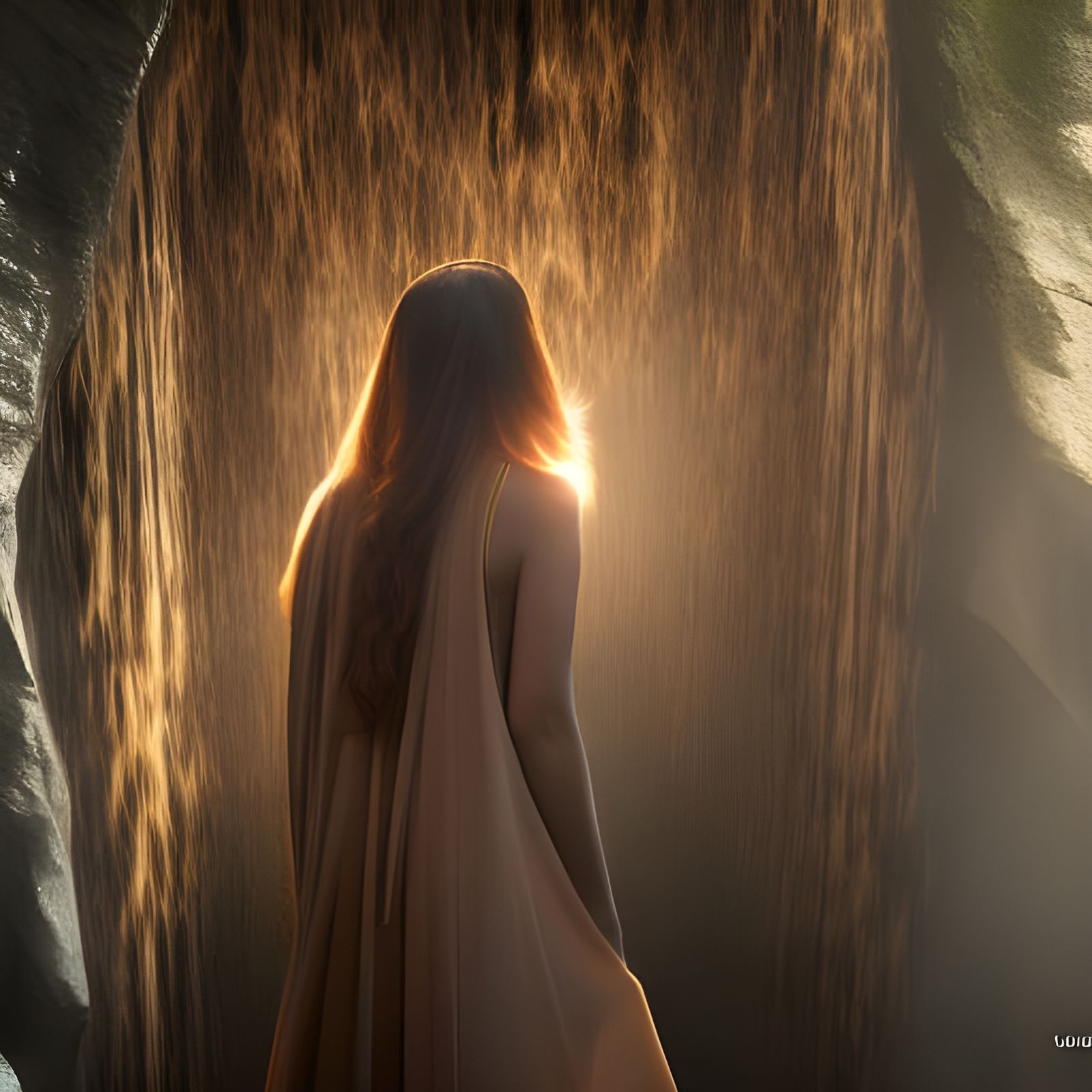 Tribal Woman Portrait Behind Waterfall Curtain