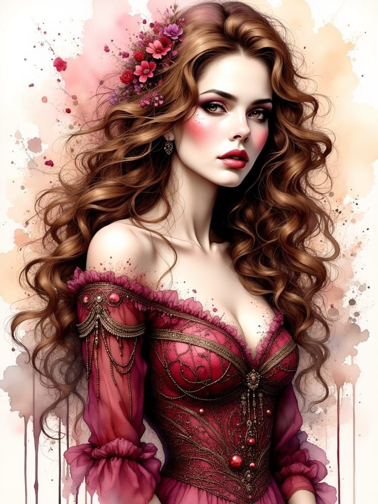 Anime Woman in Burgundy Dress with Embroidery