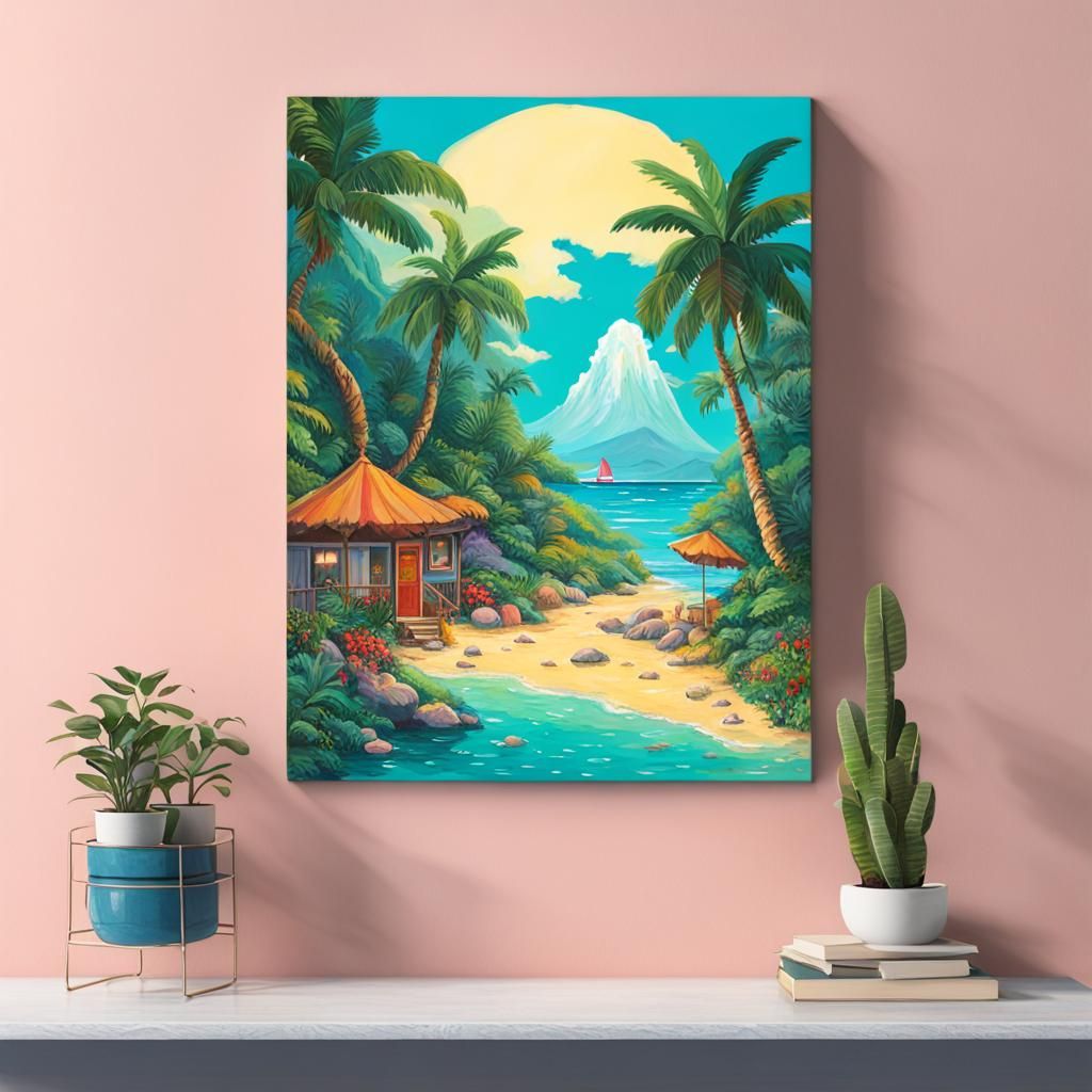 Tropical Beach Scene in Studio Ghibli Style