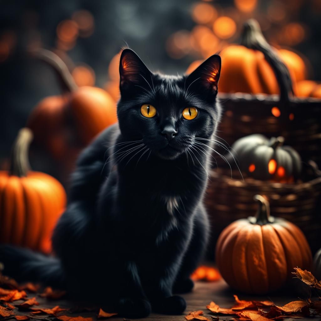 Cute Black Cat on Halloween, Digital Art