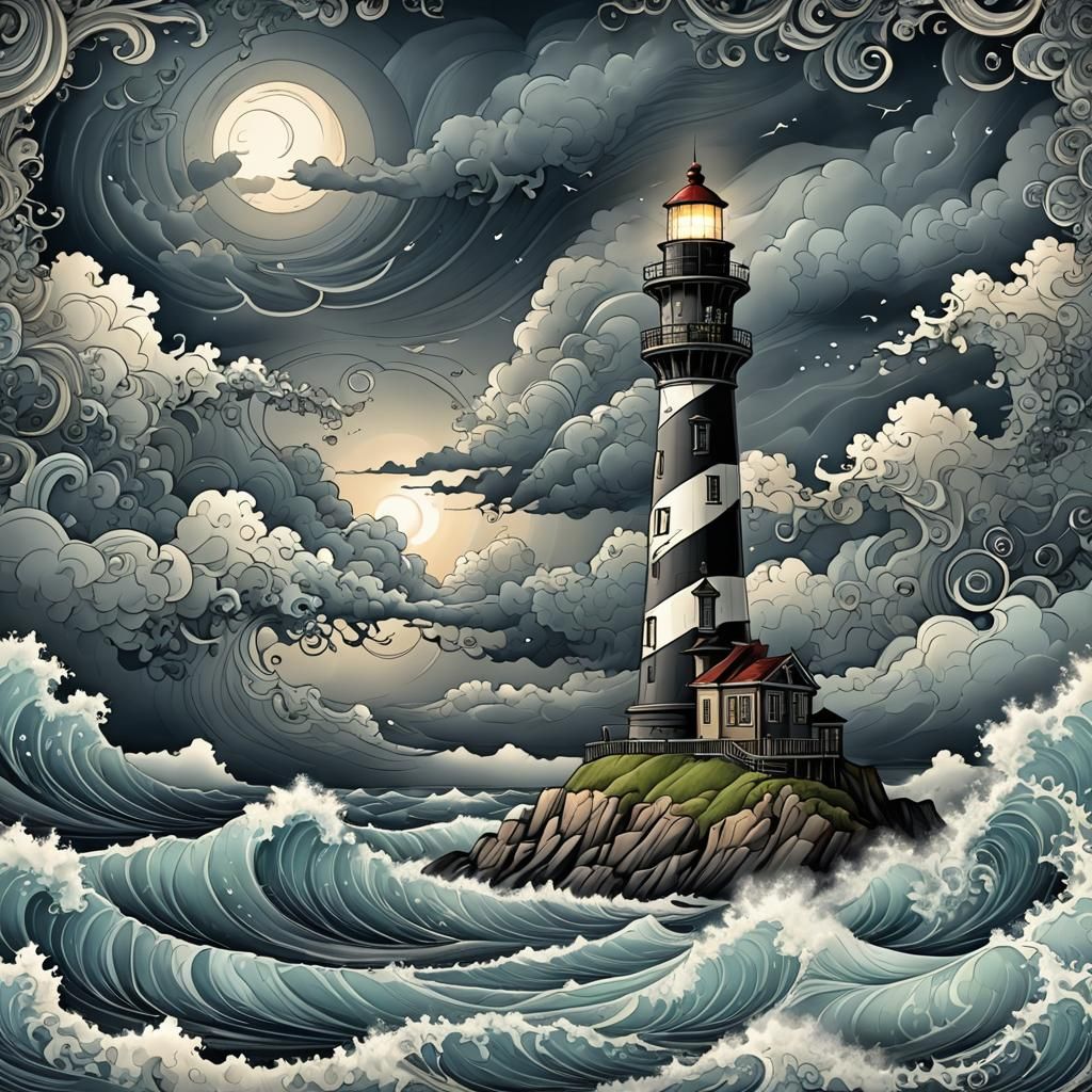 Lighthouse Against Stormy Sea in Zentangle Fractal Style