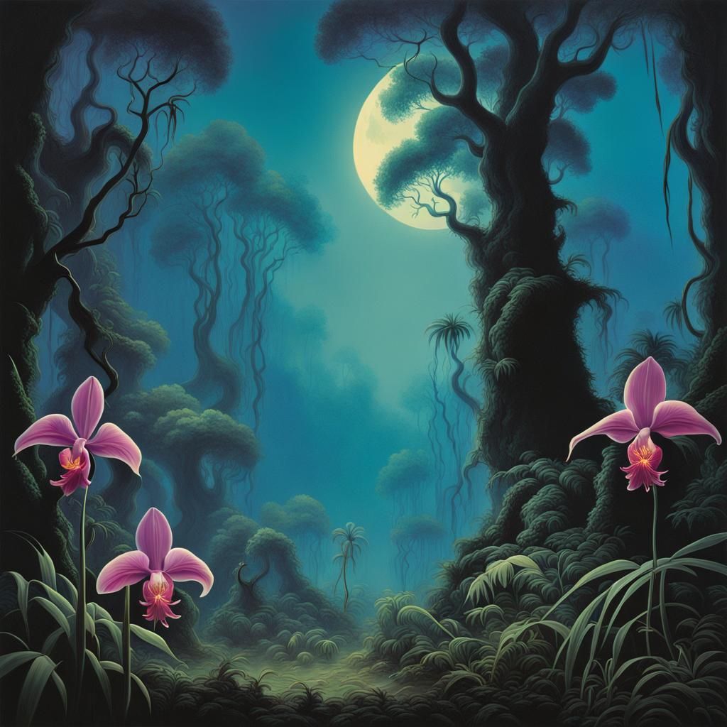 Moonlit Forest with Orchids in Roger Dean Style