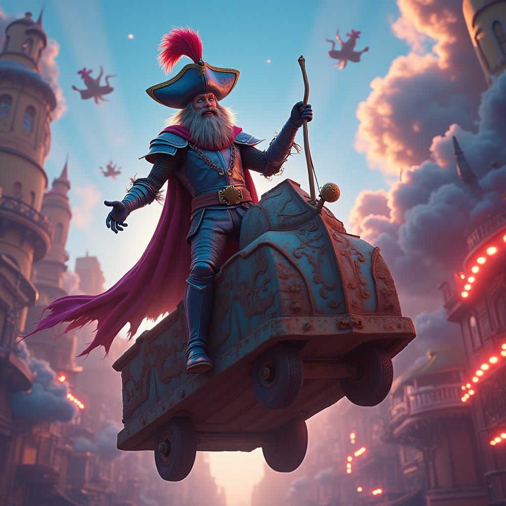 Cyberpunk Knight in a Whimsical Cityscape