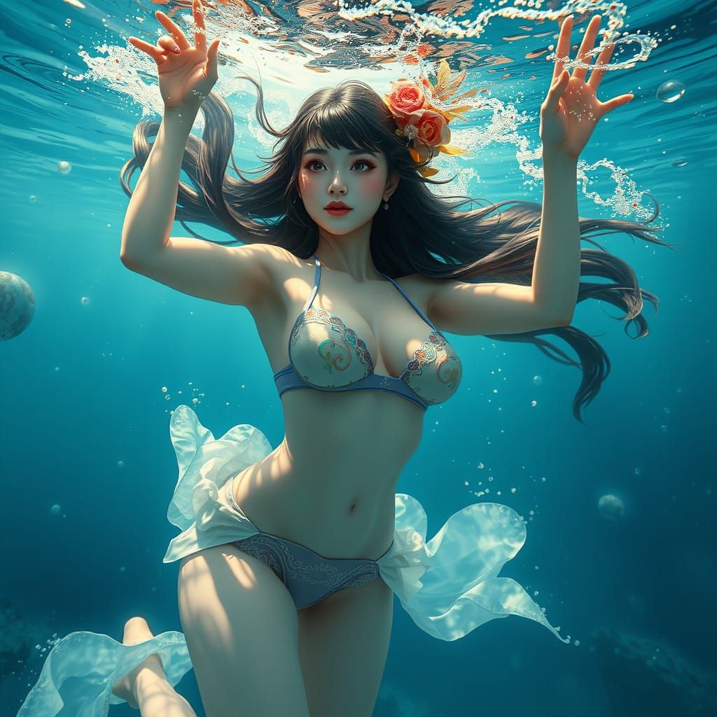 Japanese Water Goddess in Vibrant Underwater Scene