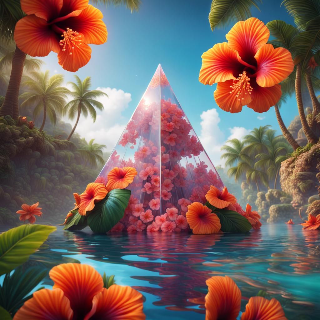 a vibrant, tropical paradise where hibiscus flowers fill a crystal-clear, upside-down pyramid as a unique vase