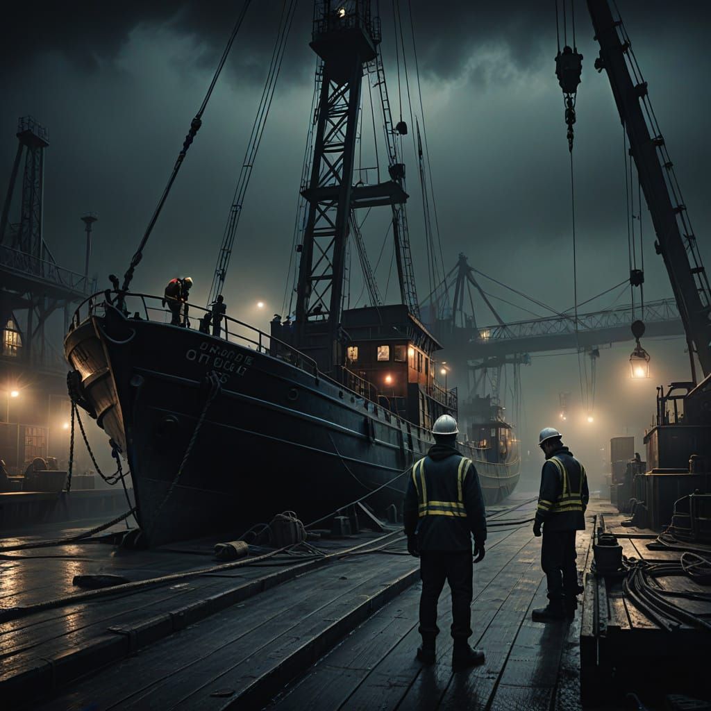 Gothic London Docks at Night in Dark Greys and Blues