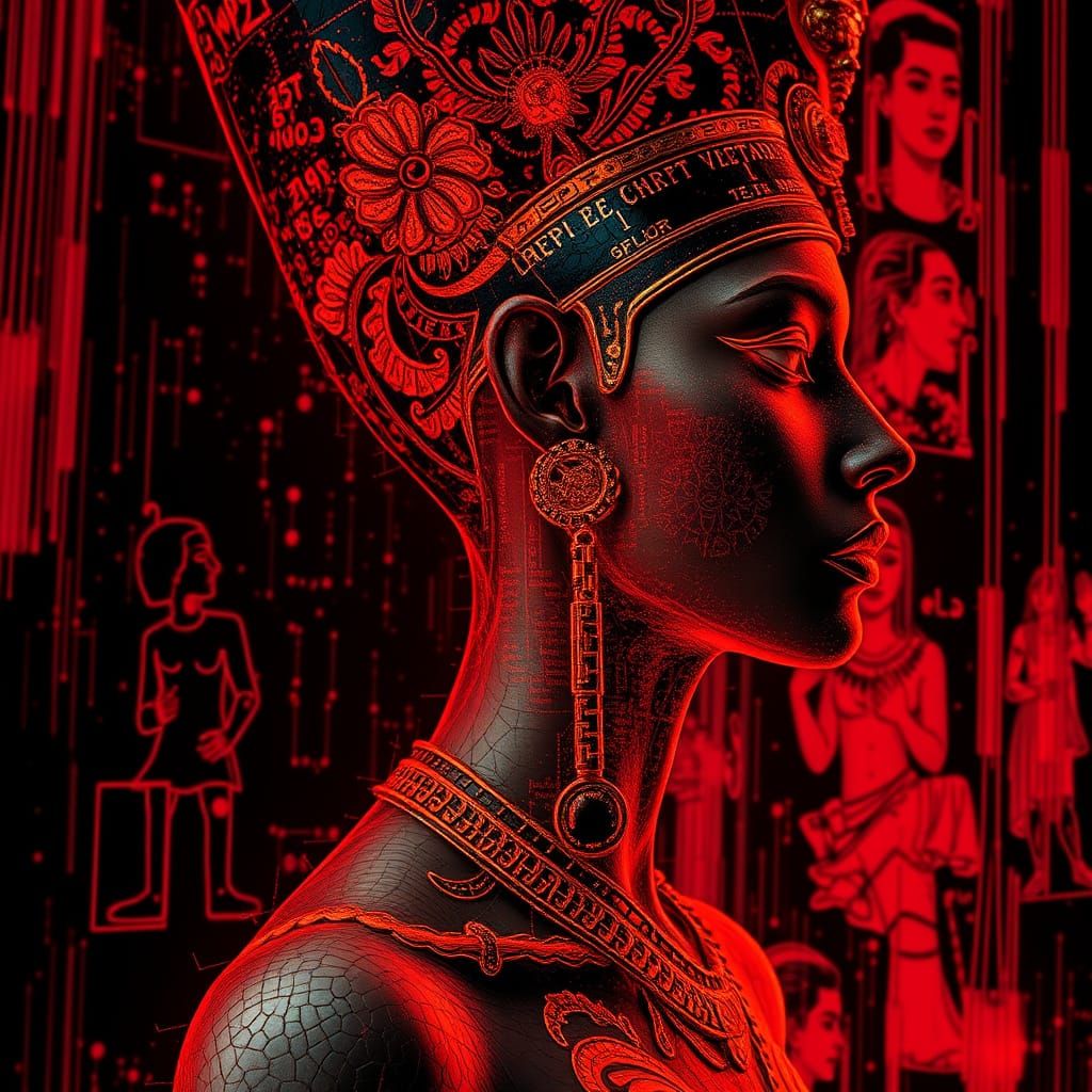 Intricate Hieroglyphic Infogram of a Beautiful Woman in Keme...