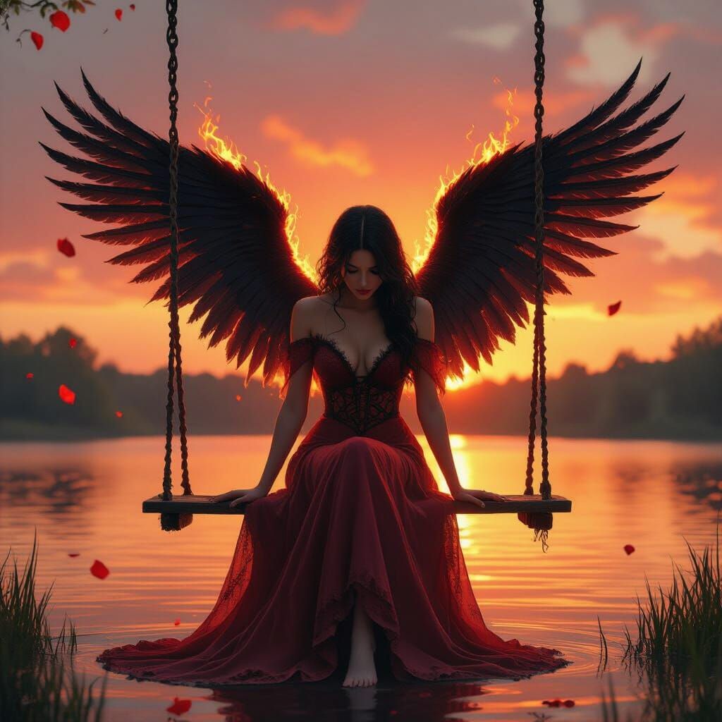 Celestial Woman with Fire Wings in Hyper-Realistic Style