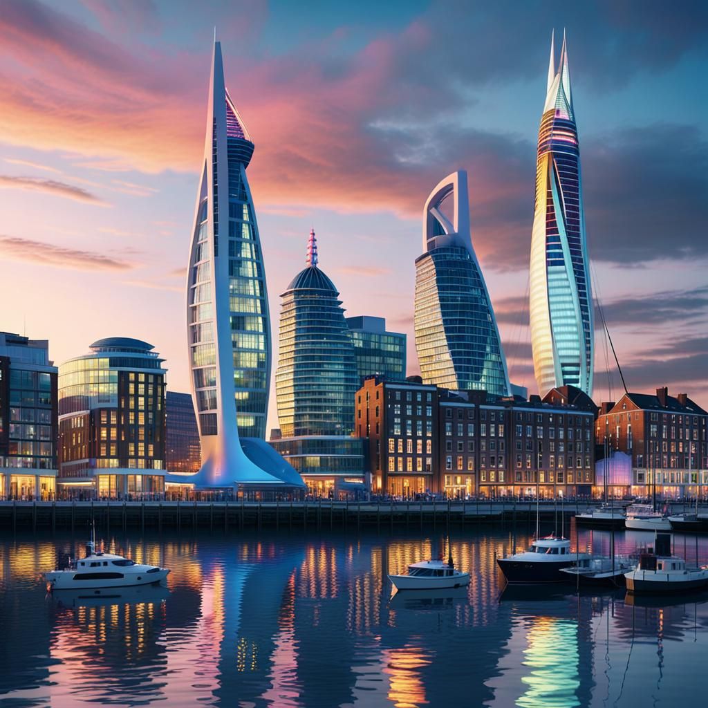 Portsmouth Cityscape at Dusk in Digital Art Style